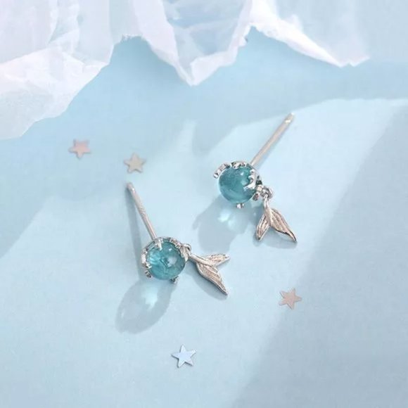 🍁Beautiful Mermaid Tear Round Sea Blue Stud Earrings, MLNN1159 - Picture 5 of 5